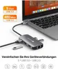 A USB-C hub connected to a laptop, with feature callouts and icons. Produktbild-Vorschau
