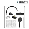 A collection of shower components laid out on a white background, including a showerhead, handheld shower, hose, and mounting hardware, along with an instruction manual. Produktbild-Vorschau
