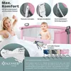 A woman and a baby are in a bed with a pink crib next to them. The image also shows product features and color options. Produktbild-Vorschau