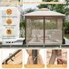 A collage of images showing a gazebo with mesh sides and close-ups of its features. Náhled obrázku produktu