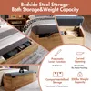 Collage of images showing a wooden bedside stool with storage, highlighting its features and weight capacity. Includes close-ups of the storage compartments and its use with a bed. Voir les images du produit