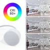 A collage showing a product detail on the left and three different lighting scenarios of a room on the right, each with a different CRI rating. Náhľad obrázku produktu