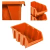 A collage of orange plastic storage bins, shown from different angles. Produktbild-Vorschau