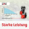 A submersible pump is shown next to a performance graph and marketing text. Produktbild-Vorschau