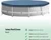 An Intex round swimming pool cover is shown on top of a pool, with descriptive text and icons below. Produktbild-Vorschau