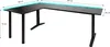 A black L-shaped gaming desk with LED lighting along the top edge, shown from a slightly elevated angle against a white background. Dimensions are indicated with text and lines. Anteprima dell’immagine prodotto