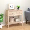 A wooden console table with two drawers and a lower shelf, decorated with a framed picture, a potted plant, a basket, and books. Produktbild-Vorschau