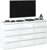 A modern white dresser with a television and electronics on top. Produktbild-Vorschau