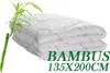 A folded white duvet with a bamboo stalk on the left, and text overlay indicating the product name and size. Produktbild-Vorschau