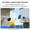 Two images showing a security camera with different power options: one powered by a rechargeable battery and the other by a solar panel. Produktbild-Vorschau