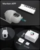 A collage showing a security camera, its accessories, and a smartphone displaying an app. Náhled obrázku produktu