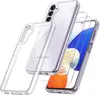 A clear phone case and screen protectors are shown with a Samsung phone in the background. Produktbild-Vorschau