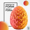 A 3D printed dragon egg figure with a gradient of red and gold colors, placed on a light gray and white background with text overlays. Produktbild-Vorschau