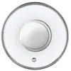 A top-down view of a glass pot lid with a silver handle and rim. Voir les images du produit