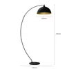 A black arc floor lamp with a gold interior lampshade, shown against a white background with dimension labels. Produktbild-Vorschau