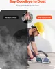 A split image showing a construction worker using a grinder with and without a dust shroud. The left side shows a cloud of dust, while the right side shows the dust being contained by the shroud. Náhľad obrázku produktu