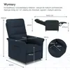 A collage of images showing a dark blue recliner chair with various dimensions and a close-up of its seat. Podgląd zdjęcia produktu