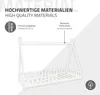 A white tipi-style children's bed is shown with text overlays highlighting its features and materials. Produktbild-Vorschau