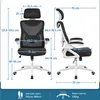 Collage of an ergonomic office chair shown from the front and side, with dimensions and specifications overlaid. The bottom of the image includes information on applicable height and weight capacity. Produktbild-Vorschau