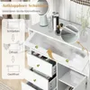 A close-up view of a white cabinet with drawers and a ribbed glass door, showcasing its features and operation. Produktbild-Vorschau