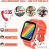 A marketing image for a children's smartwatch, showcasing its SOS feature and contact list. Produktbild-Vorschau