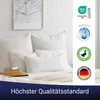 A bed with several white pillows, a framed picture on the wall, and several certification logos on the right side. Produktbild-Vorschau