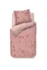 A top-down view of a pink floral bedding set on a light beige background. Produktbild-Vorschau
