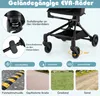 A diagram illustrating the features of a stroller, including its wheels, suspension, and braking system, along with images of different terrains. Produktbild-Vorschau