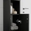 A black bathroom cabinet with open shelves, displaying toiletries and rolled towels. Náhled obrázku produktu