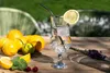A glass of water with ice and a lemon slice, surrounded by lemons, limes, cherries, and lavender on a wooden table outdoors. Podgląd zdjęcia produktu