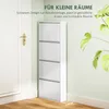 A tall, narrow white shoe cabinet with four flip-down doors is shown standing next to a white door in a room with light green walls and wooden flooring. Text overlays describe the product's suitability for small spaces and wall mounting. Produktbild-Vorschau