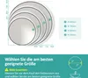 A diagram showing different sizes of circular mirrors with labels and dimensions, along with accompanying text in German explaining how to choose the right size. Produktbild-Vorschau
