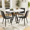 A dining set with a round marble-top table and four gray upholstered chairs, placed on a patterned rug in a well-lit room with windows. Produktbild-Vorschau