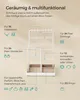 A white jewelry organizer with various compartments and hooks, displayed against a light beige background. Text labels and icons indicate the capacity and intended use of different sections. Produktbild-Vorschau