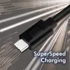 Close-up of a black USB-C cable connector with a silver USB-C plug, set against a background with light streaks suggesting speed. Anteprima dell’immagine prodotto