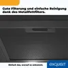 Close-up view of the interior of a black range hood, showing the metal grease filter and a text overlay describing its features. Produktbild-Vorschau