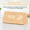 A wooden alarm clock displaying time, humidity, and temperature, with promotional text overlay. Produktbild-Vorschau