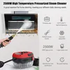 A steam cleaner is shown being used to clean a kitchen hood, with various features of the steam cleaner listed as icons and text. Podgląd zdjęcia produktu