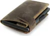 A brown leather wallet with a metallic card holder inside, shown at an angle on a white background. Produktbild-Vorschau