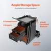 A black rolling tool cart with drawers and compartments is shown against a light gray background, with text overlays highlighting its storage features. Produktbild-Vorschau