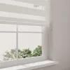 A close-up view of a white window with white blinds and a white windowsill, with green trees visible outside. Produktbild-Vorschau