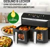 A dual-basket air fryer is shown with food inside, alongside promotional text and graphics. Produktbild-Vorschau