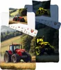 A collage of bedding sets featuring tractor designs, with one set showing a red tractor in a field and another showing a yellow tractor in a dark field. Produktbild-Vorschau