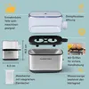 A collage showing different parts and features of an egg cooker, along with its dimensions. Produktbild-Vorschau