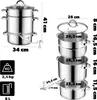 A diagram showing a multi-tiered stainless steel steamer pot with various dimensions labeled. Produktbild-Vorschau