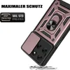 A close-up, angled view of a rose gold and black phone case with a ring holder and camera cover, shown against a white background. Produktbild-Vorschau