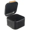 A black bread bin with its lid open, showing the interior. The lid has a wooden handle. Produktbild-Vorschau