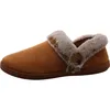 A single brown slipper with faux fur trim and a button detail, shown from the side against a white background. Produktbild-Vorschau