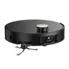 A black robot vacuum cleaner is shown from a low angle against a white background. Produktbild-Vorschau