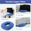 A collage showing a blue donut-shaped pillow used for buttock, waist, and leg support, with text overlays and numbered sections. Produktbild-Vorschau